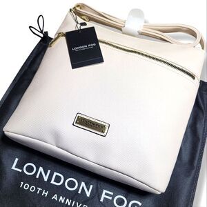 London Fog Lorraine Cream White Vegan Faux Leather Crossbody Purse & Dust Bag